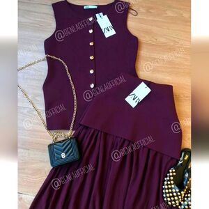 NWT ZARA ZARA NWT WOMAN MIXED PLEATED KNIT SKIRT Burgundy